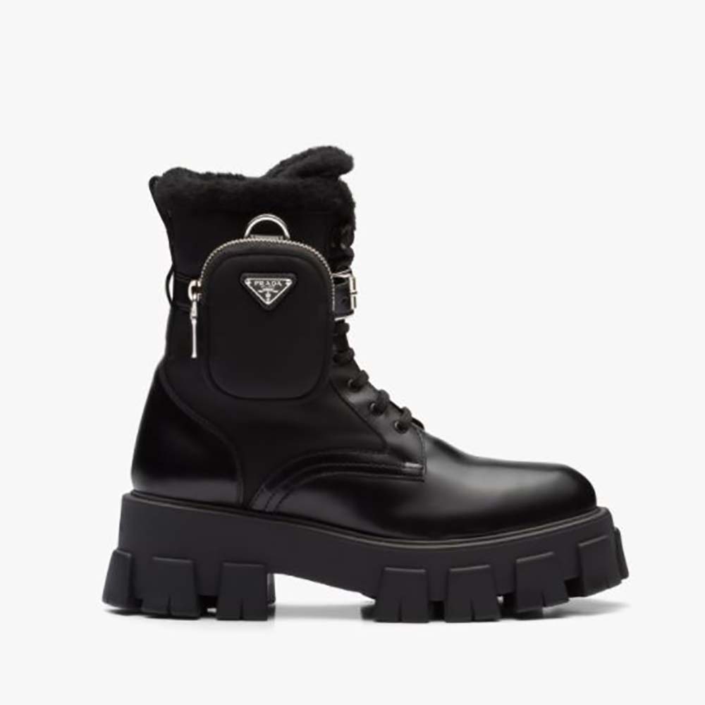 Front angle of Prada Women Monolith Leather and Nylon Biker Boots-Black