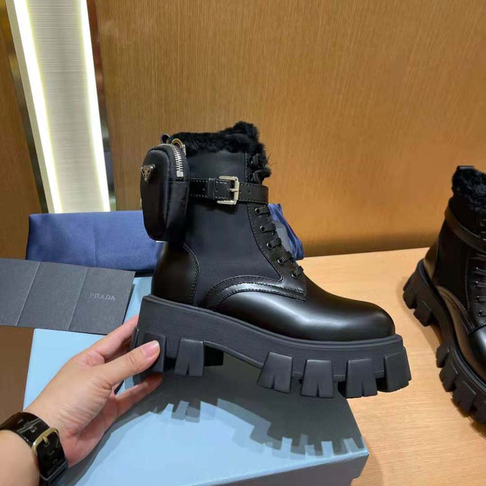 Prada Women Monolith Leather and Nylon Biker Boots-Black - image 9