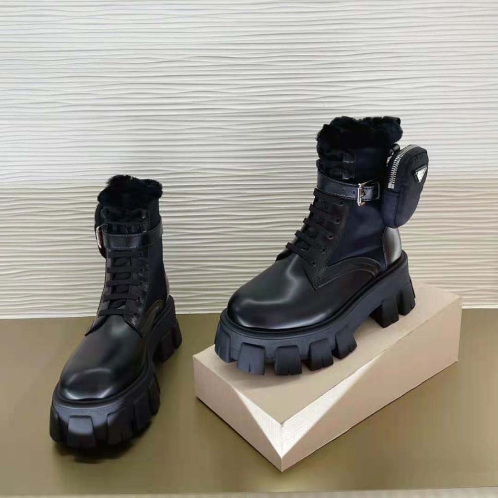 Prada Women Monolith Leather and Nylon Biker Boots-Black - image 4