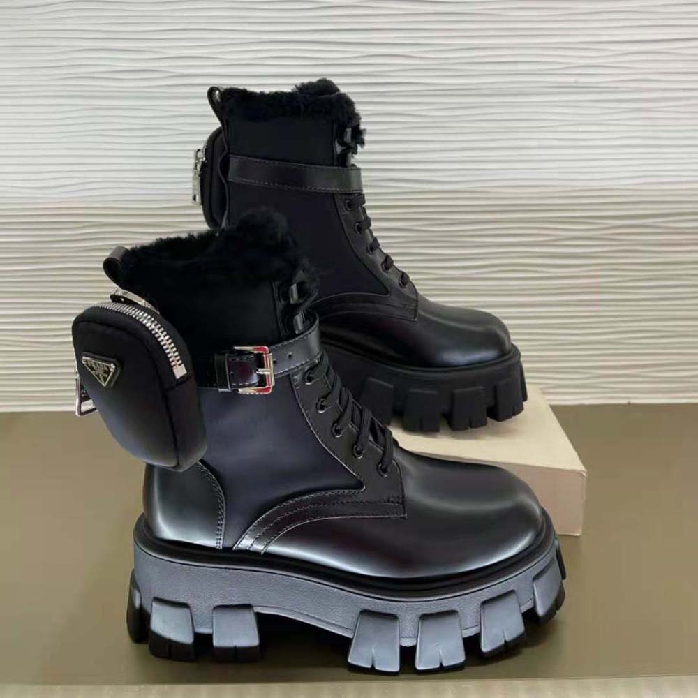 Prada Women Monolith Leather and Nylon Biker Boots-Black - image 5