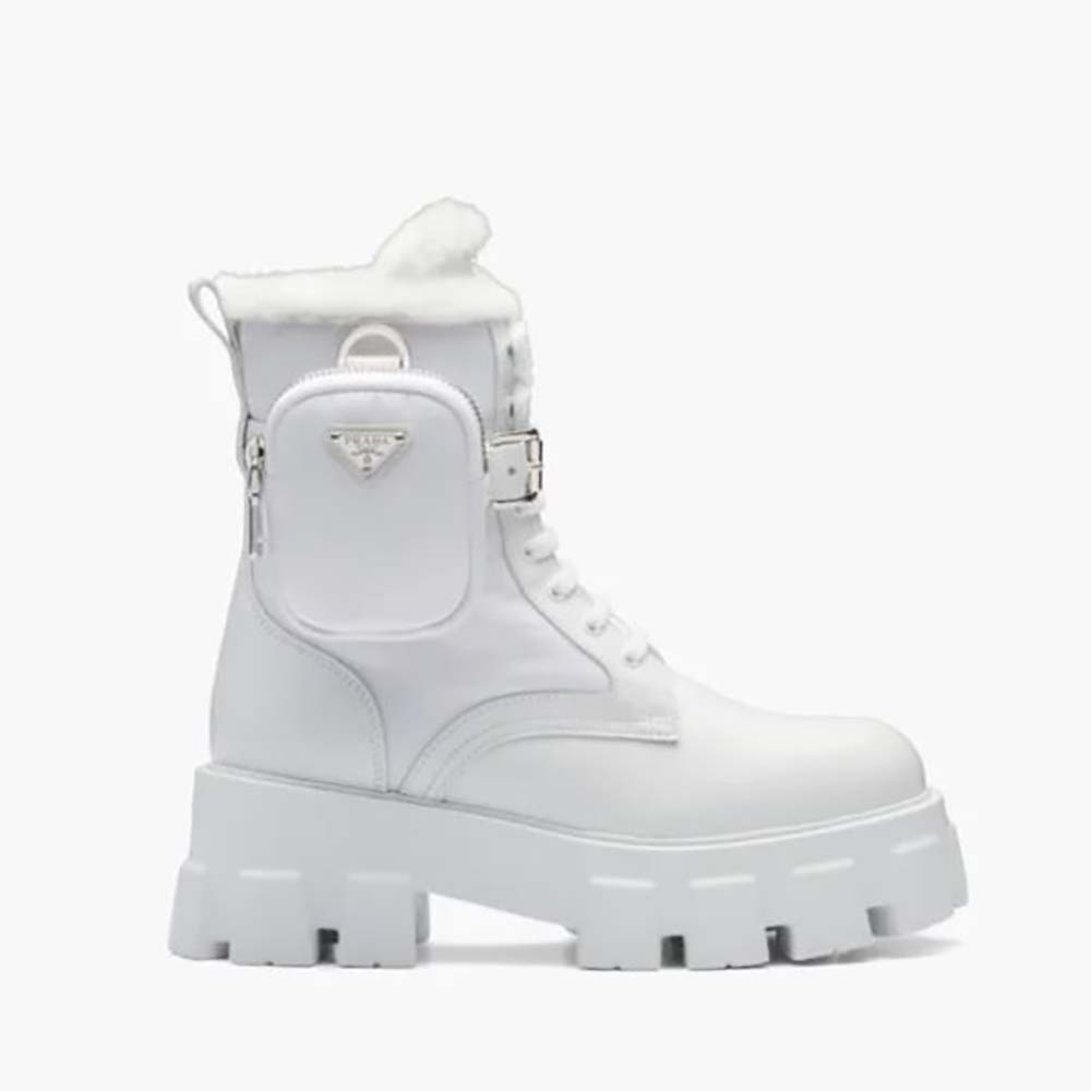 Front angle of Prada Women Monolith Leather and Nylon Biker Boots-White