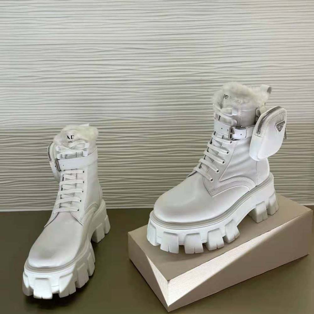 Prada Women Monolith Leather and Nylon Biker Boots-White - image 4