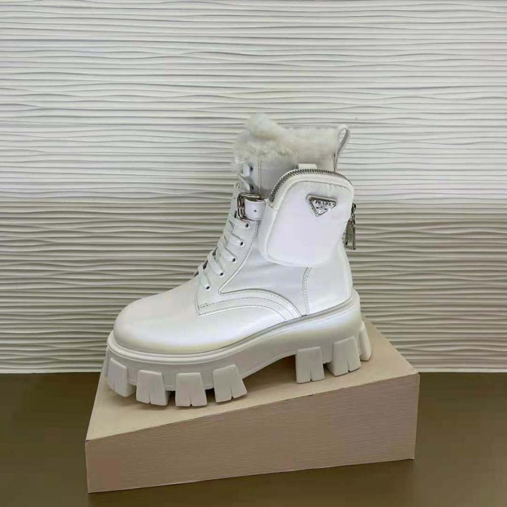 Prada Women Monolith Leather and Nylon Biker Boots-White - image 5