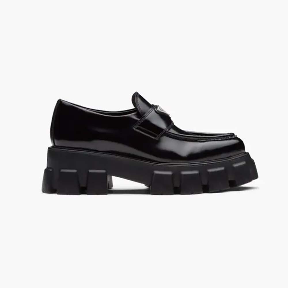 Side profile of Prada Women Monolith Pointy Brushed Leather Loafer in black