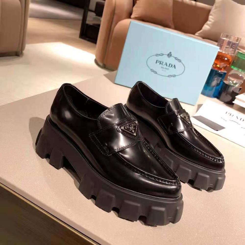 Overhead view highlighting pointed toe of Prada Women Monolith leather loafer