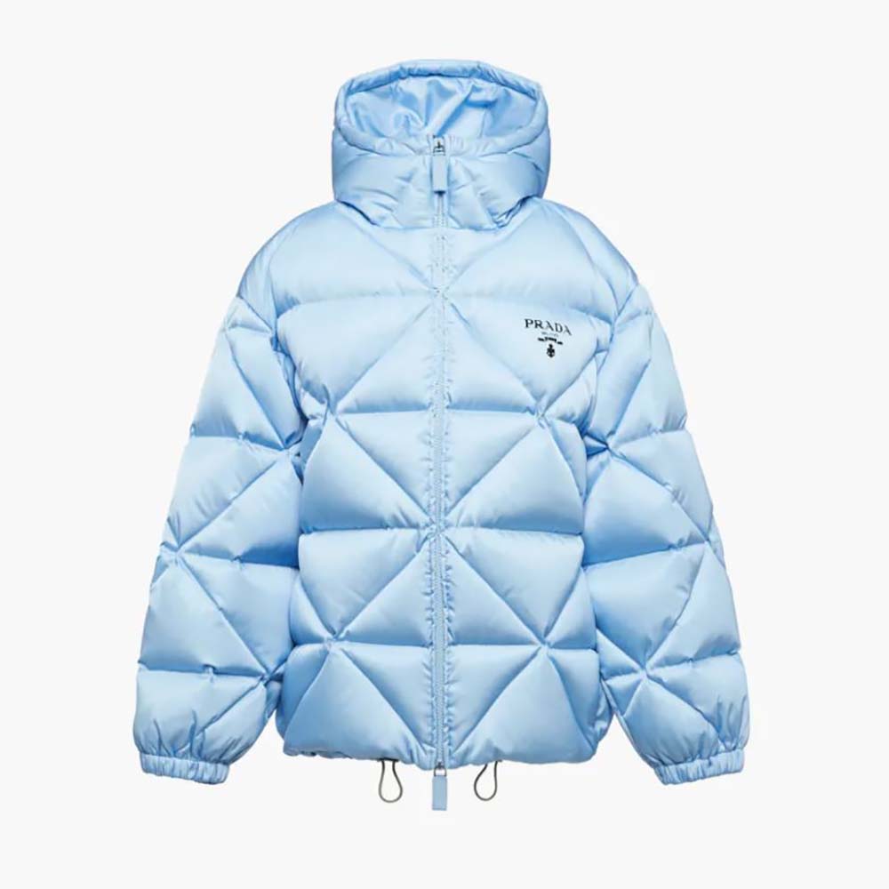 Front view of Prada Women Oversized Re-Nylon Gabardine Down Jacket in blue
