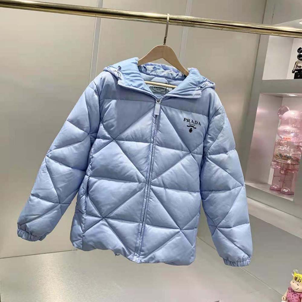 Close-up of Prada logo and zipper on Re-Nylon Gabardine Down Jacket