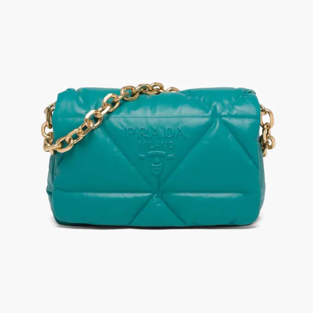 Front view of Prada Women Padded Nappa Leather Shoulder Bag-Lime showing padded texture
