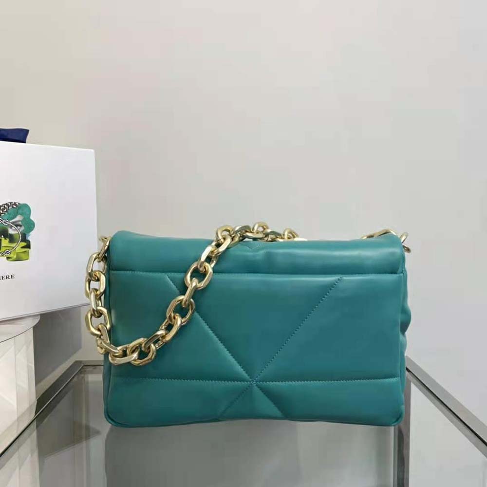 Side angle showcasing sleek silhouette of Prada Women Padded Nappa Leather Shoulder Bag-Lime