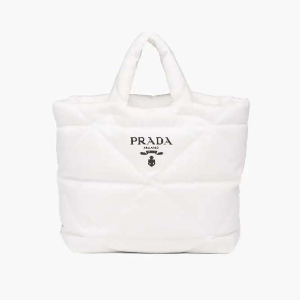 Front view of Prada Women Padded Re-Nylon Tote Bag-White showcasing padded texture