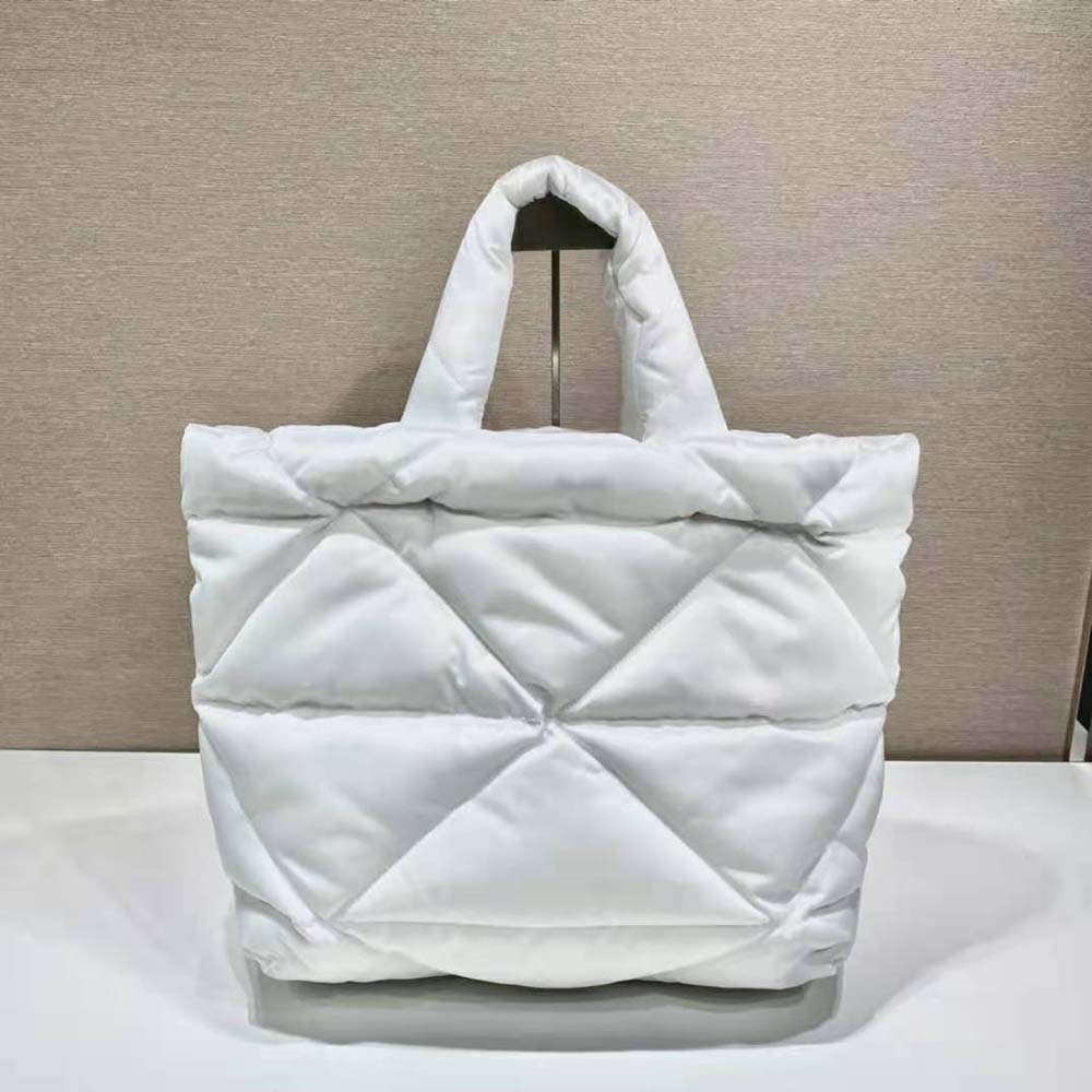 Side angle detail of zip closure on Prada Women Padded Re-Nylon Tote Bag-White