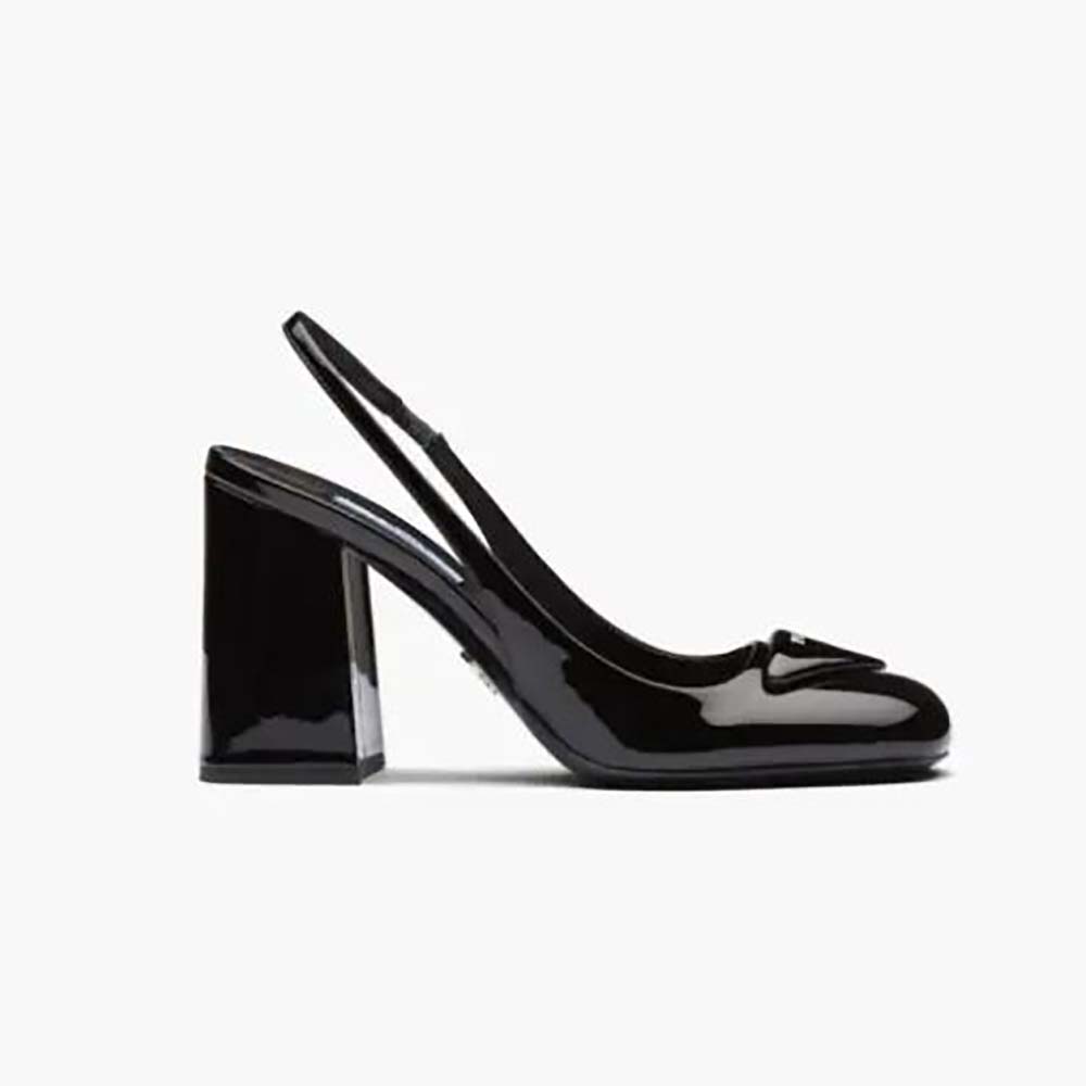 Side profile of Prada Women Patent Leather Sling-Back Pumps in black