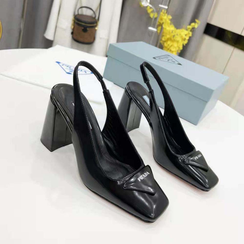 Front view showing pointed toe of Prada Women Patent Leather Sling-Back Pumps