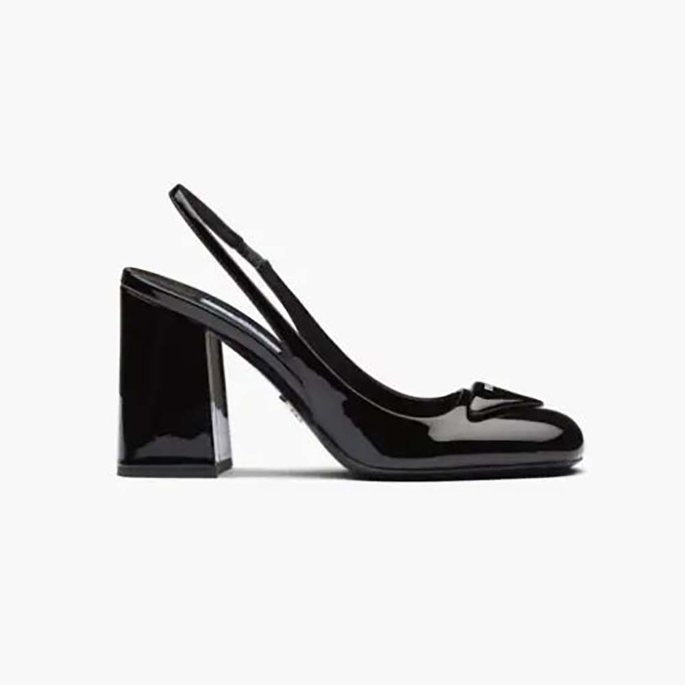 Front side view of Prada Women Patent Leather Sling-Back Pumps-Black