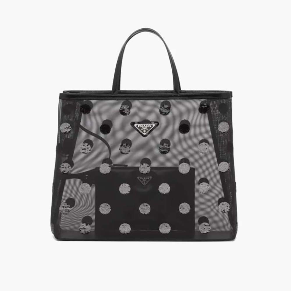 Front view of Prada Women Polka-Dot Mesh Tote Bag-Black with zip closed