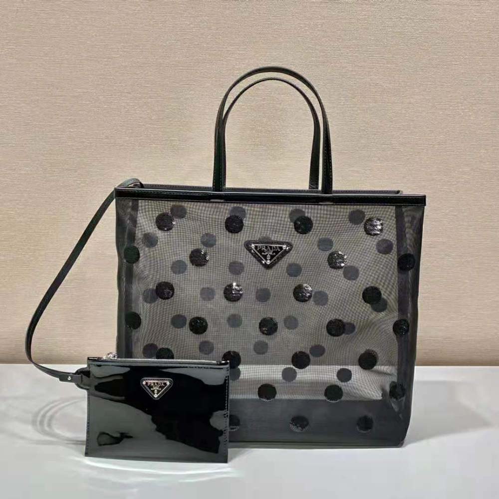 Close-up of Prada Women Polka-Dot Mesh Tote Bag-Black silver hardware detail