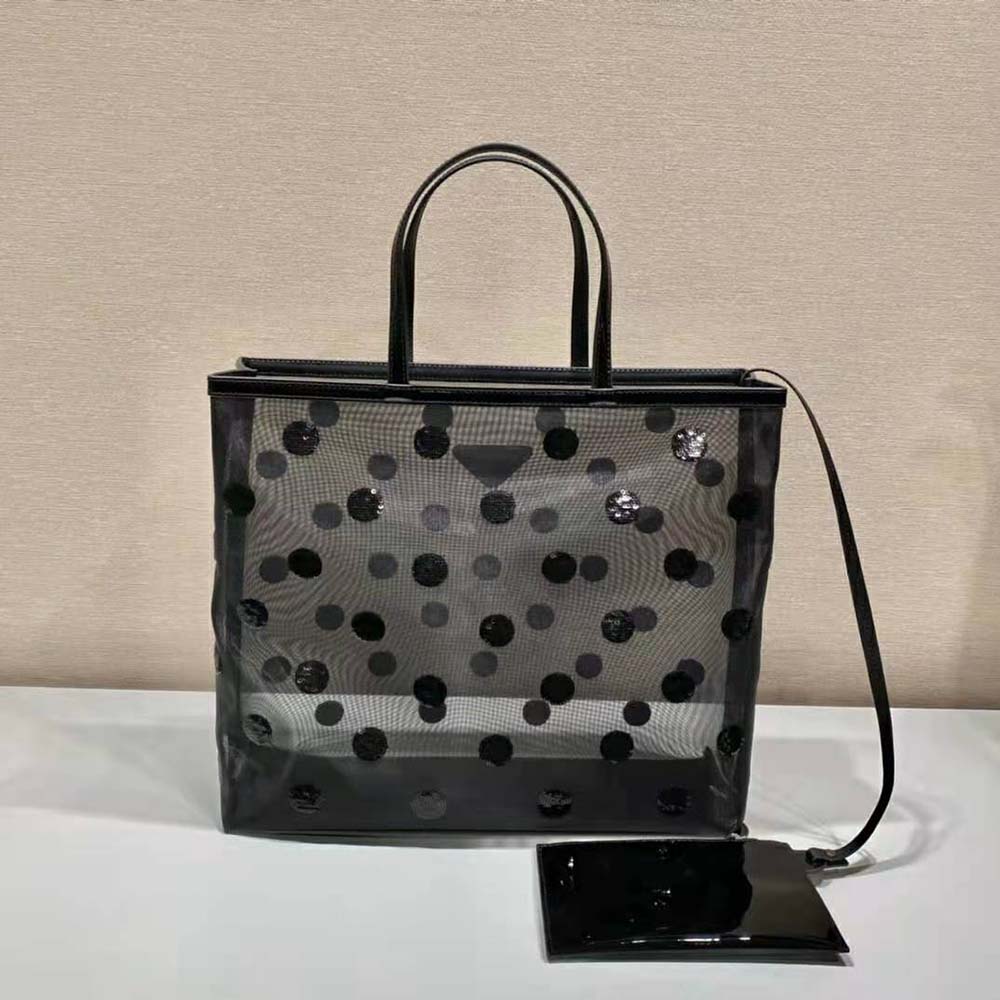 Side profile highlighting mesh texture on Prada Women Polka-Dot Mesh Tote Bag-Black