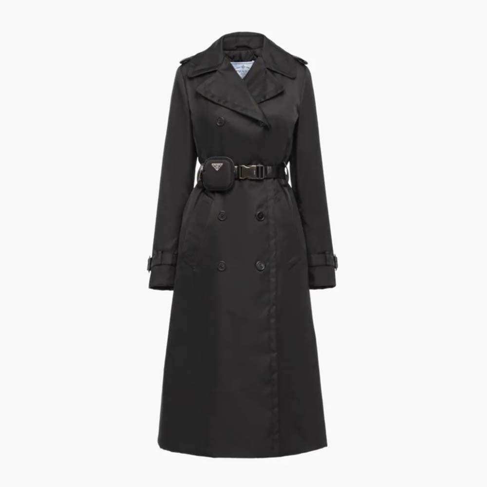 Front view of Prada Women Re-Nylon Gabardine Trench Coat-Black showing silhouette