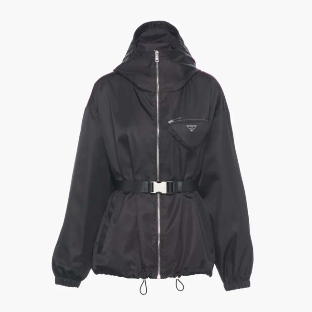 Front view of Prada Women Re-Nylon Hooded Blouson Jacket with Pouch-Black