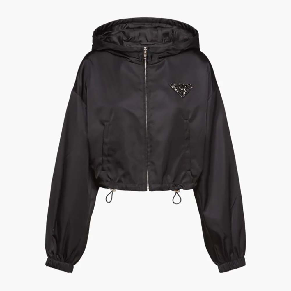 Front view of Prada Women Re-Nylon Hooded Jacket-Black with zipped closure