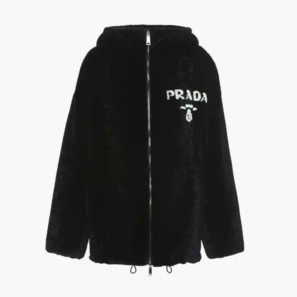 Front view of Prada Women Reversible Gabardine and Shearling Jacket-Black