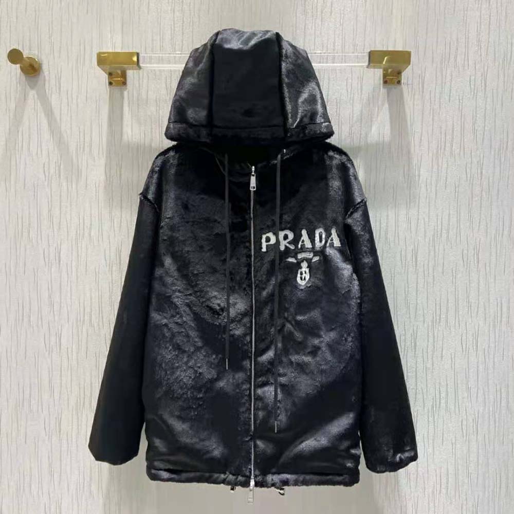 Close-up of shearling texture on Prada Women Reversible Gabardine and Shearling Jacket-Black