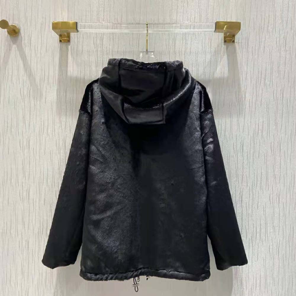 Back detail highlighting reversible design on Prada Women Reversible Gabardine and Shearling Jacket-Black