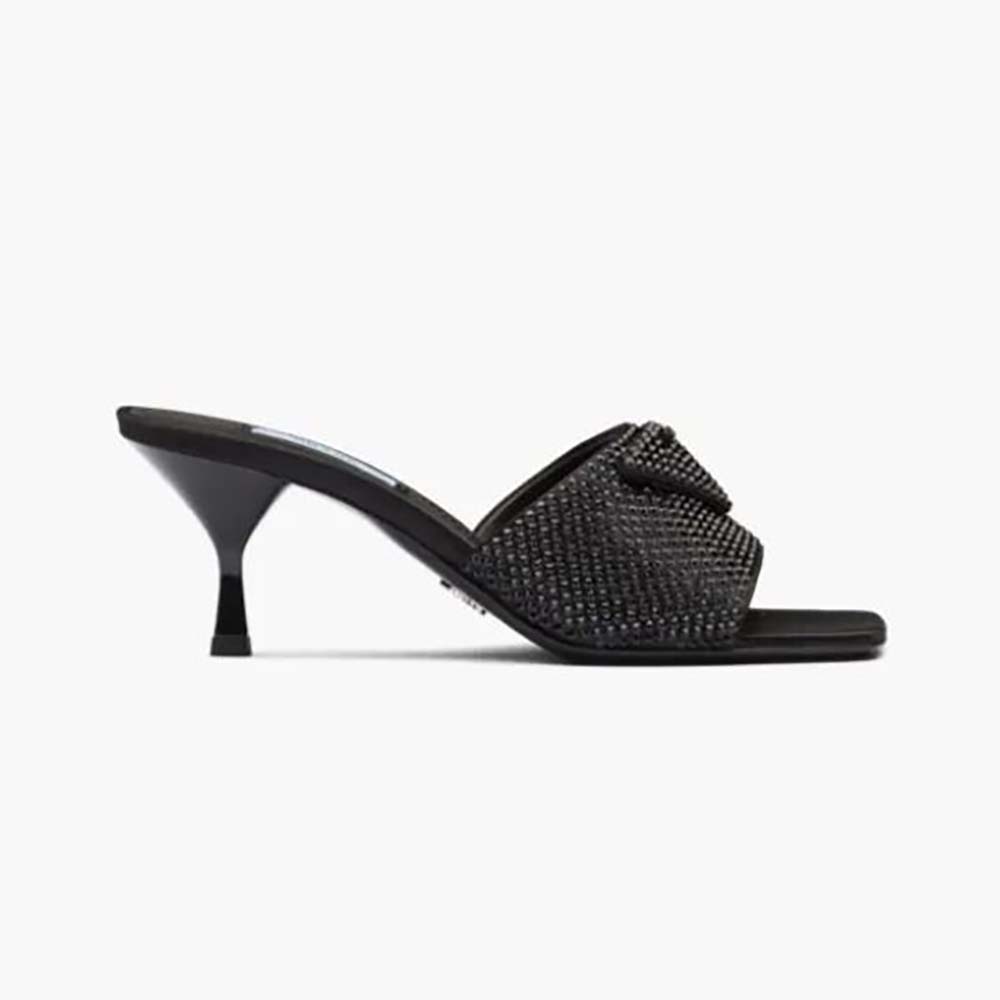 Side profile of Prada Women Satin Sandals with Crystals-Black high heel