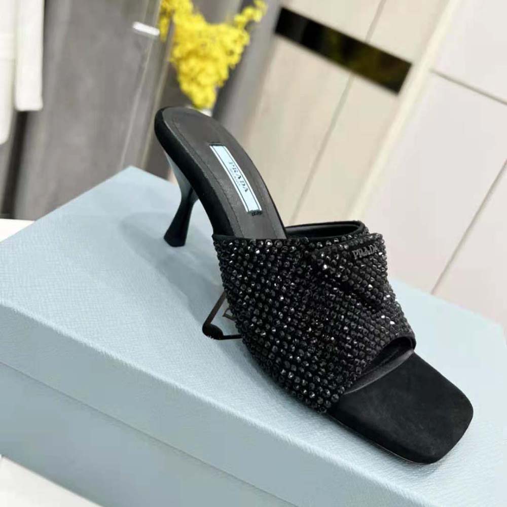 Prada Women Satin Sandals with Crystals-Black - image 5