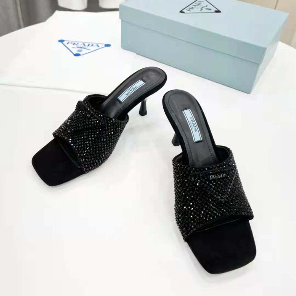 Close-up of crystal-embellished straps on Prada Women Satin Sandals with Crystals-Black