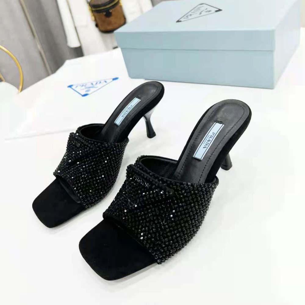 Top view showing open-toe design of Prada Women Satin Sandals with Crystals-Black
