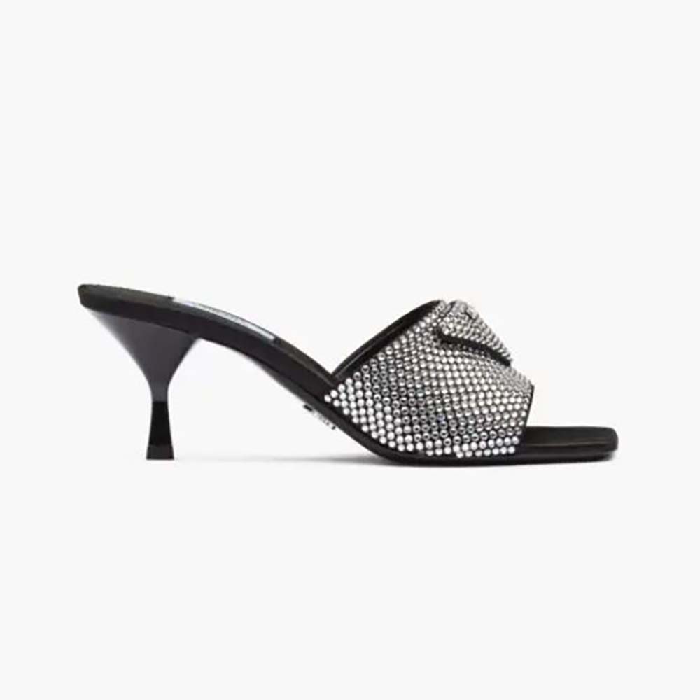 Side view of Prada Women Satin Sandals with Crystals-Silver showing heel