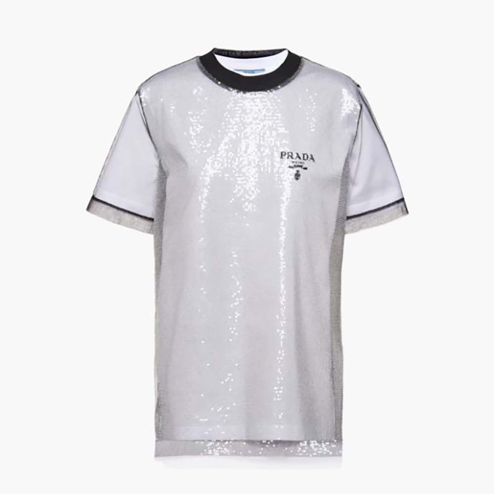 Front view of Prada Women Sequin-Embroidered Tulle and Jersey T-shirt-Black