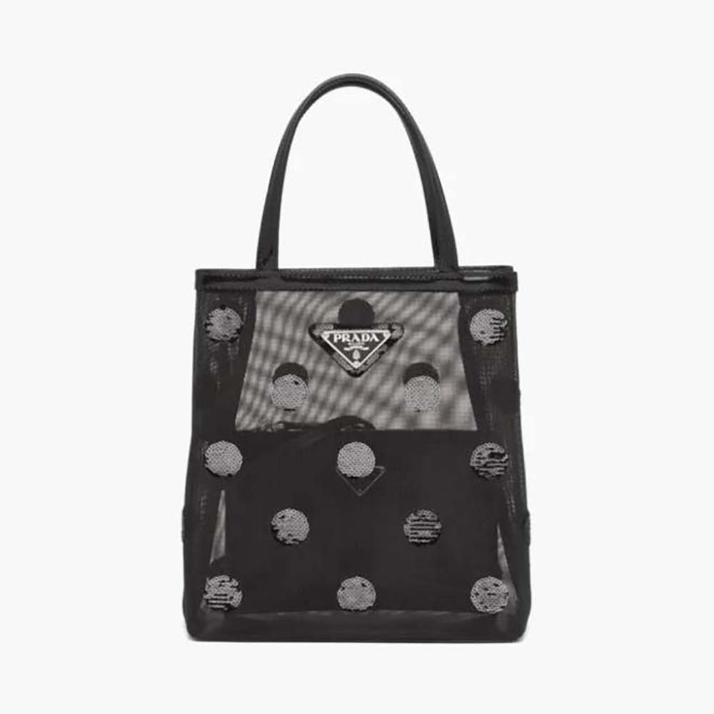 Front view of Prada Women Small Polka-Dot Mesh Tote Bag-Black