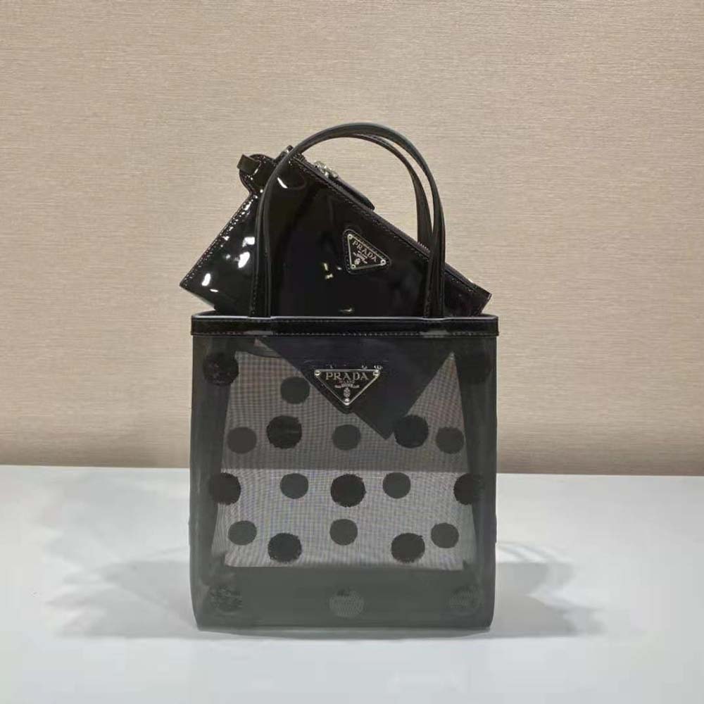 Side angle showing mesh texture of Prada Women Small Polka-Dot Mesh Tote Bag-Black