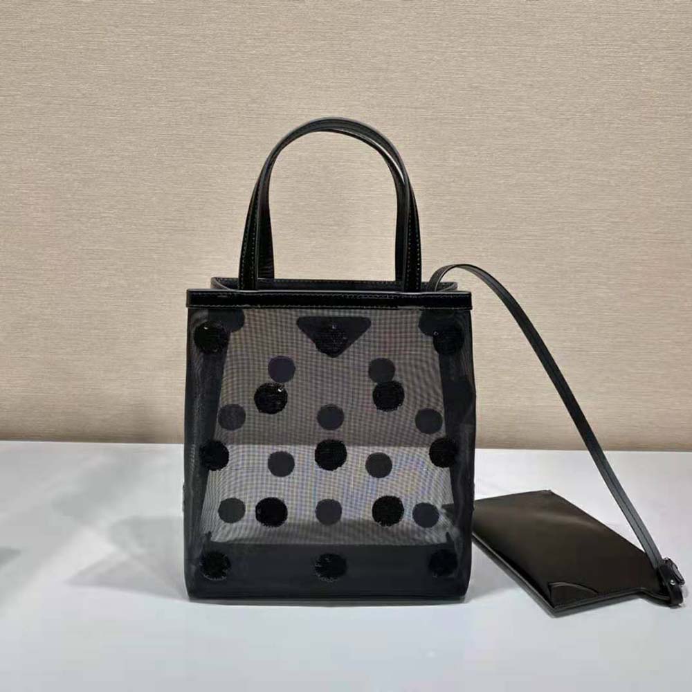 Prada Women Small Polka-Dot Mesh Tote Bag-Black - image 5
