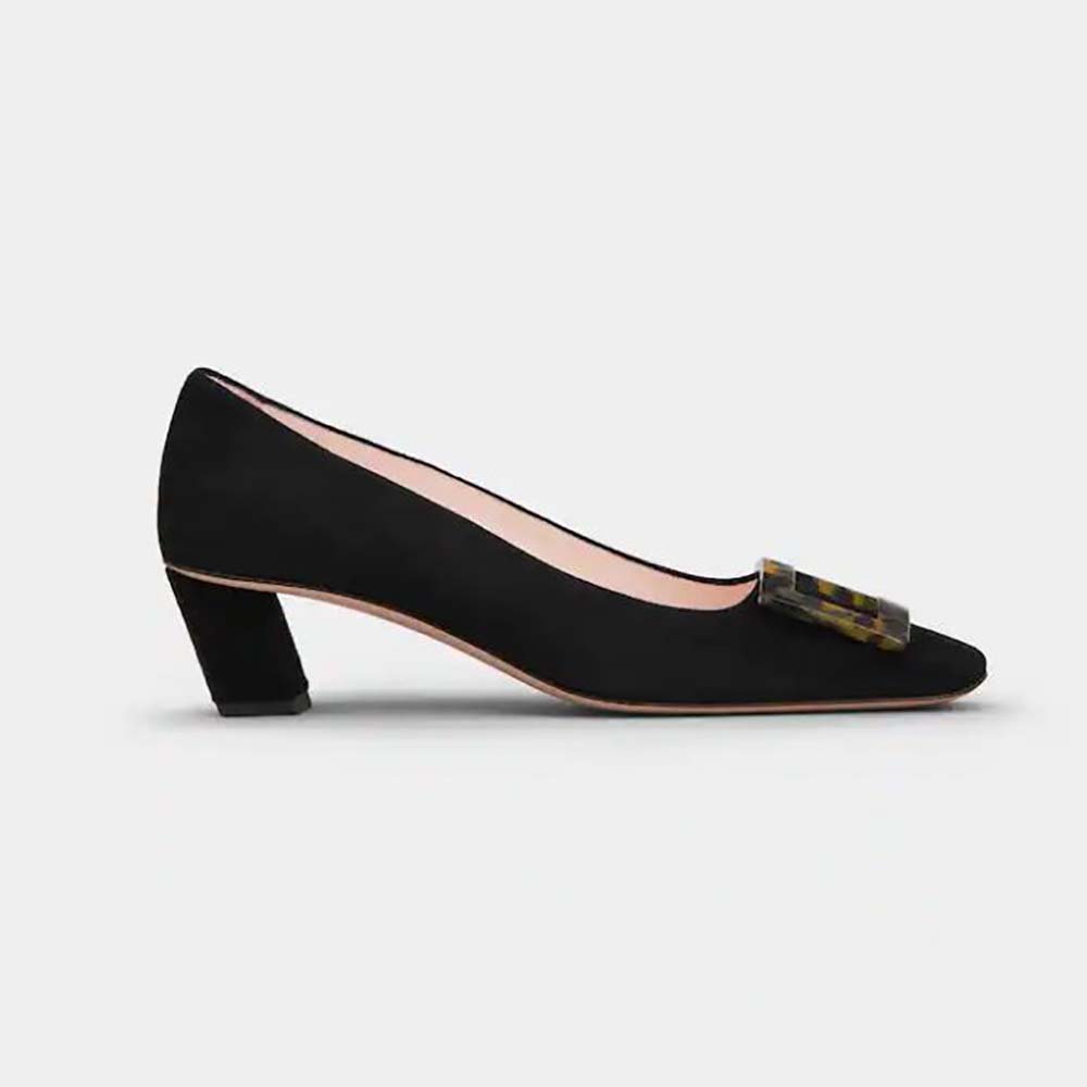 Side view of Roger Vivier Women Belle Vivier Turtle Buckle Pumps in black suede