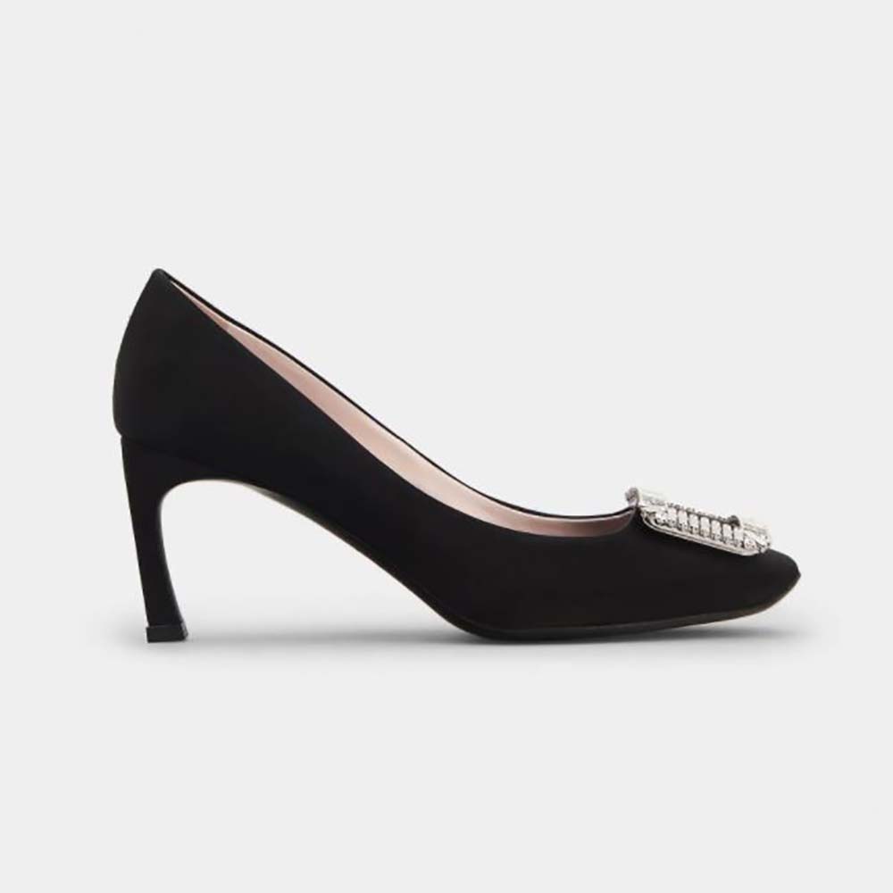 Side view of Roger Vivier Women Trompette Crystal Buckle Pumps in Black Satin