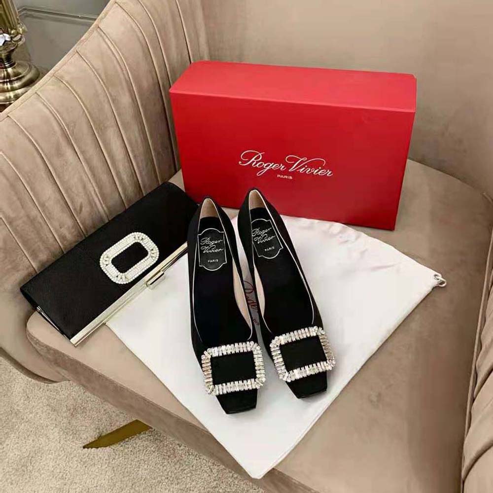 Top angle showing elegant high heel of Roger Vivier Trompette Pumps in satin