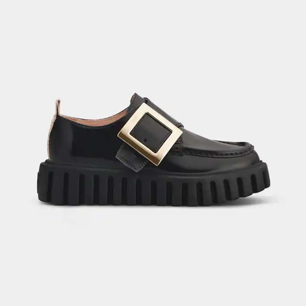 Side view of Roger Vivier Women Viv Go-Thick Metal Buckle Loafers in Patent Leather-Black