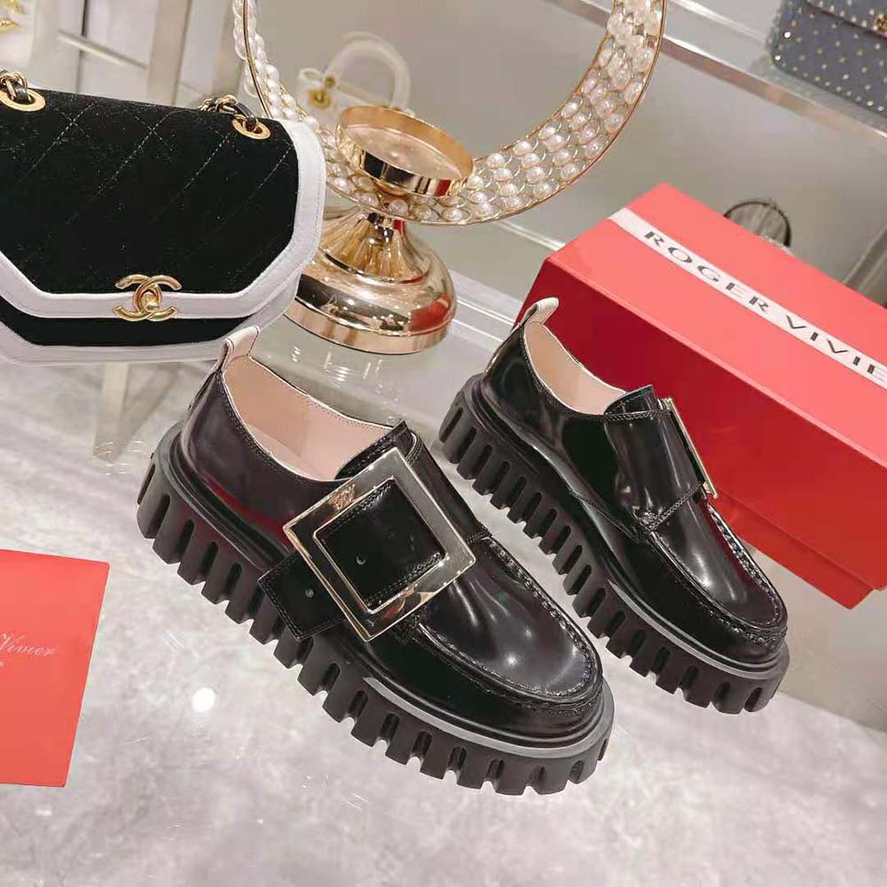 Top view showcasing glossy patent leather of Roger Vivier Women Viv Go-Thick Metal Buckle Loafers