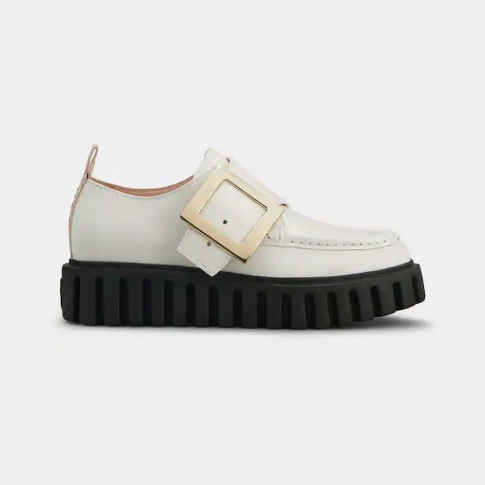 Side view of Roger Vivier Women Viv’ Go-Thick Metal Buckle Loafers in White patent leather