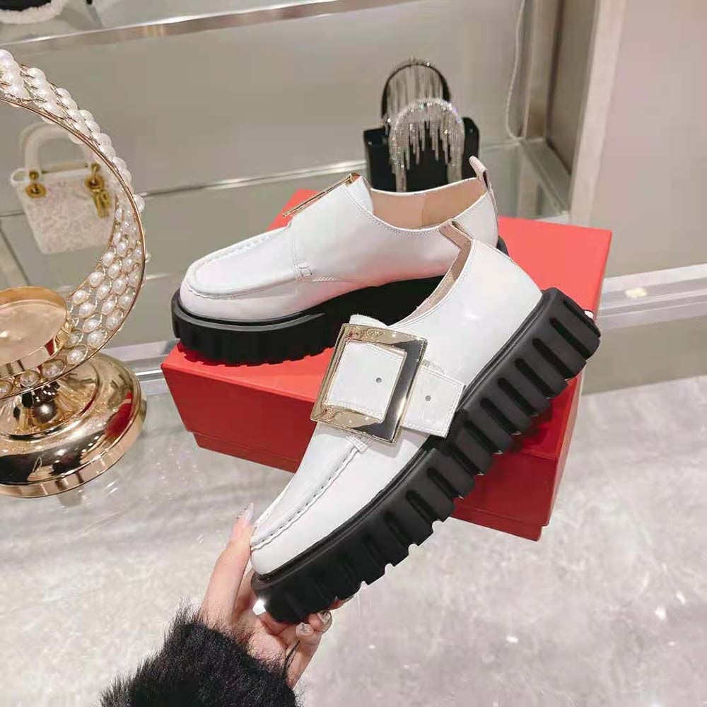 Roger Vivier Women Viv’ Go-Thick Metal Buckle Loafers in Patent Leather-White - image 6