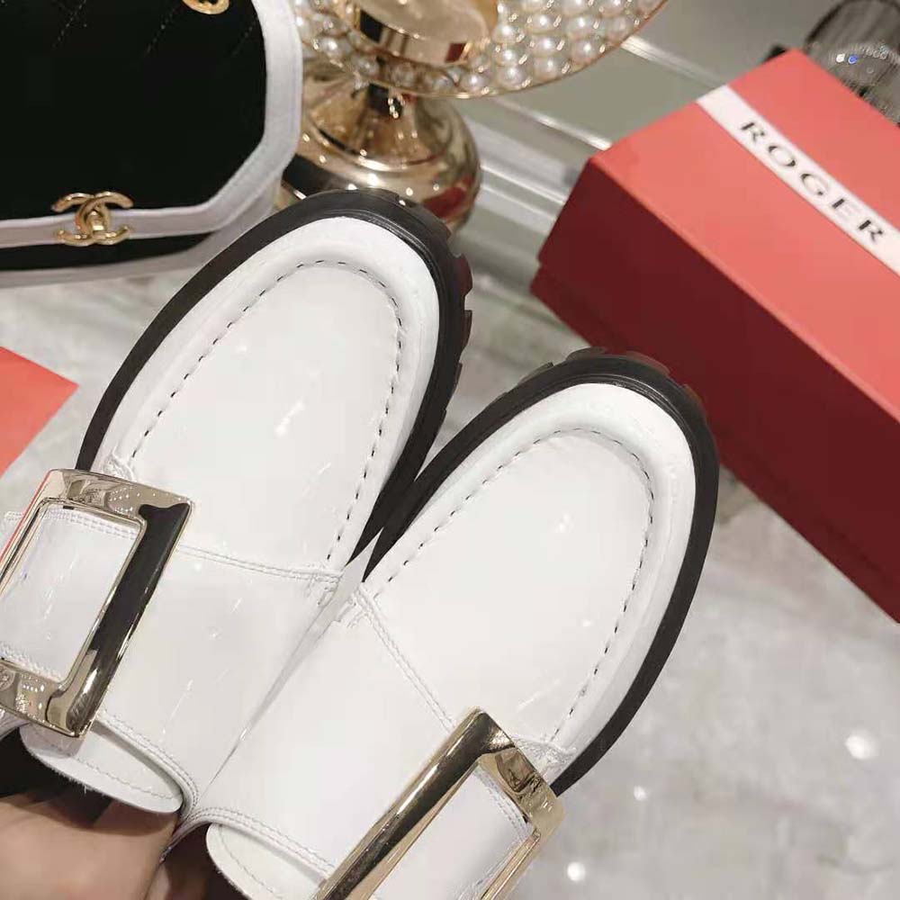 Roger Vivier Women Viv’ Go-Thick Metal Buckle Loafers in Patent Leather-White - image 9