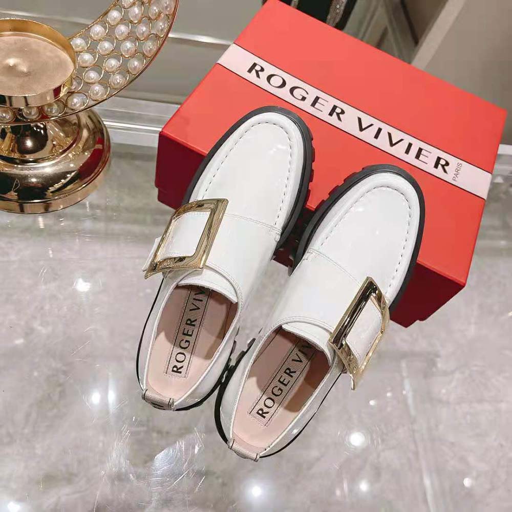 Roger Vivier Women Viv’ Go-Thick Metal Buckle Loafers in Patent Leather-White - image 5