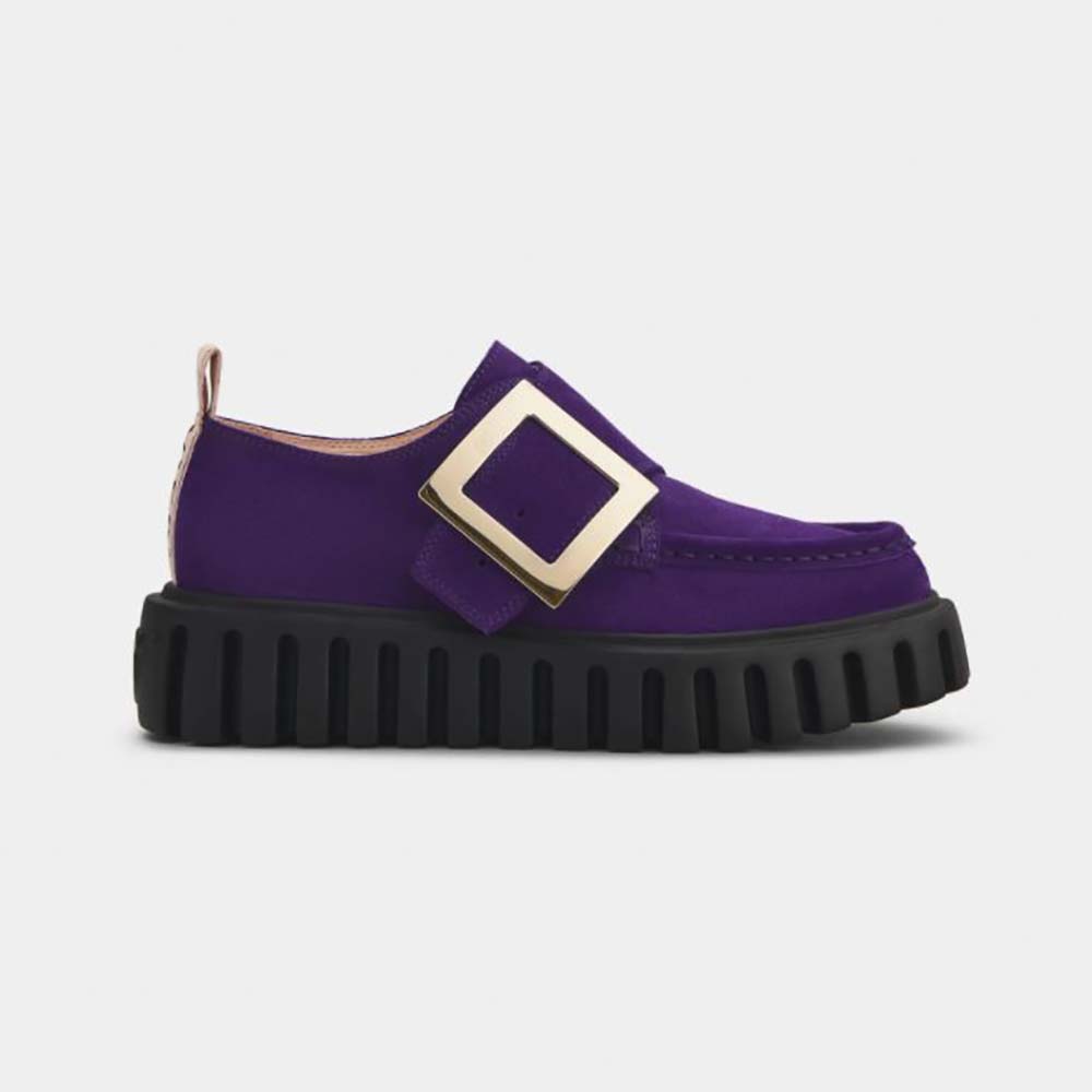 Side view of Roger Vivier Women Viv’ Go-Thick Metal Buckle Loafers in purple suede
