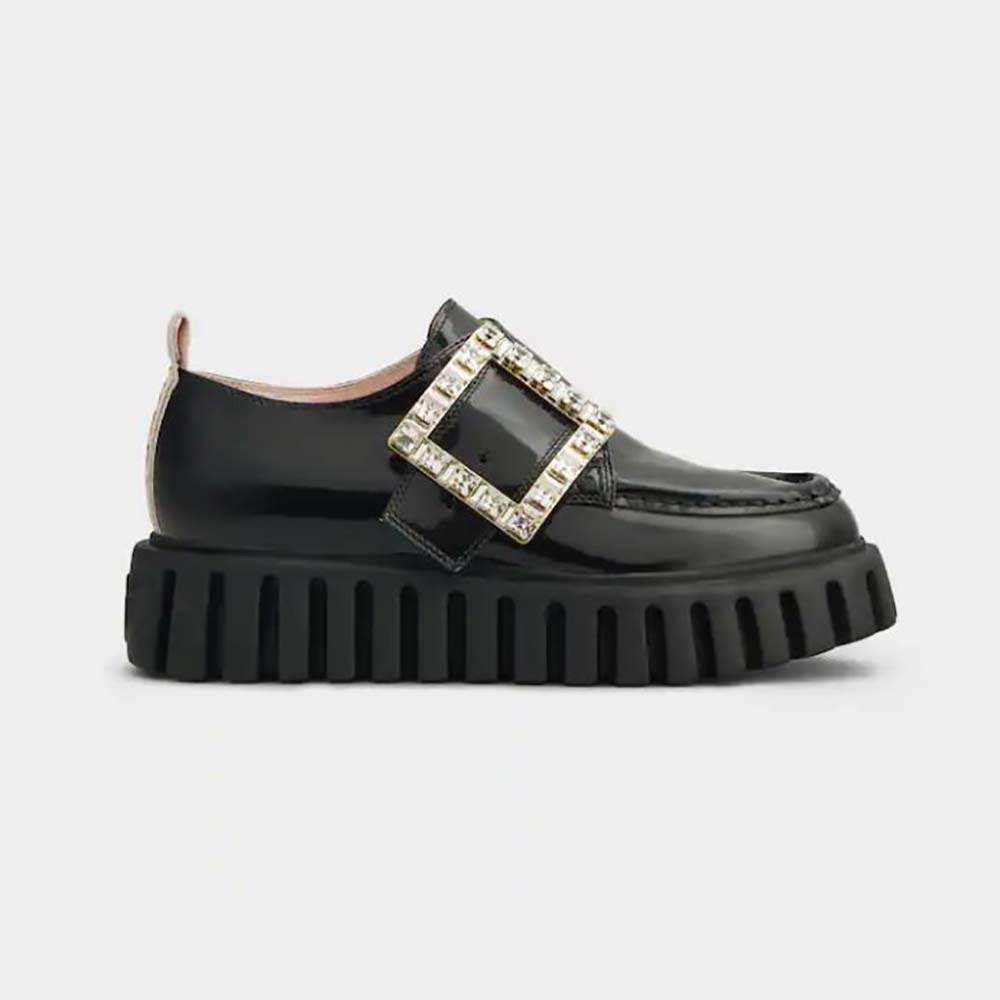 Side profile of Roger Vivier Women Viv Go-Thick Strass Buckle Loafers in Patent Leather