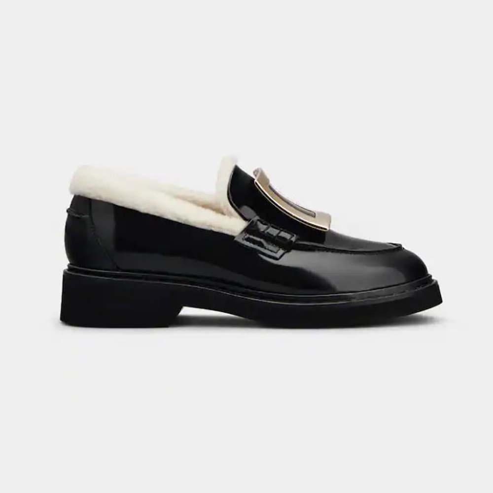 Roger Vivier Women Viv’ Rangers Metal Buckle Fur Loafers in Patent Leather