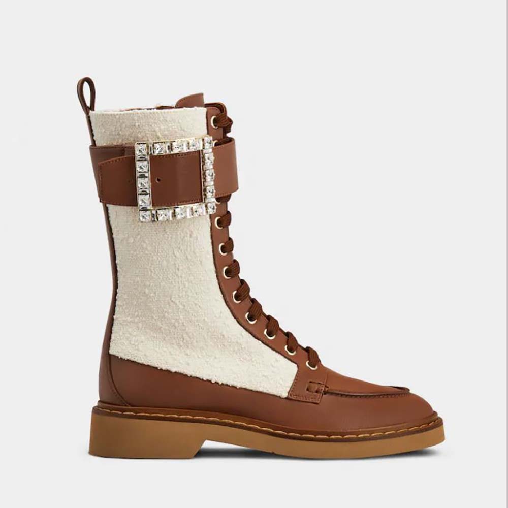 Side profile of Roger Vivier Women Viv’ Rangers Strass Buckle Boots in brown fabric