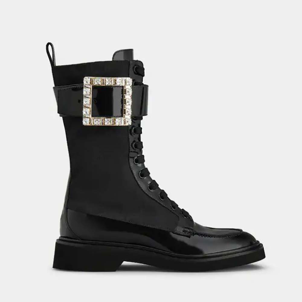 Side profile of Roger Vivier Women Viv’ Rangers Strass Buckle Boots in Fabrics-Black